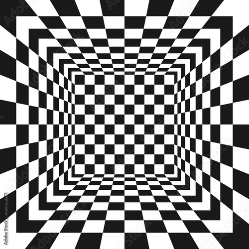 Square room with checkered texture. Hall, studio or portal interior in perspective. Inside structure of box with black and white squared pattern. 3D dimension