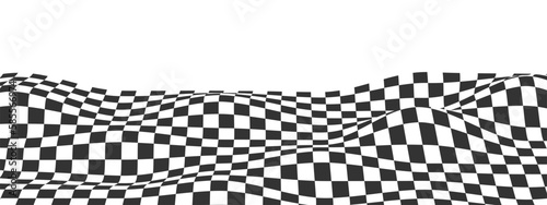 Waved checkered pattern background. Warped texture with black and white squares. Undulate chess board, race flag, textile plaid, tile floor retro design