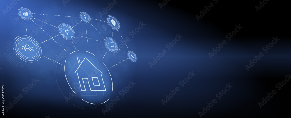 Banner of Smart Home technology. The building consists of numbers and is connected by icons of household smart devices. Intelligent home management system. Banner of Smart Home technology. The building consists of numbers and is connected by icons of household smart devices. Intelligent home management system.