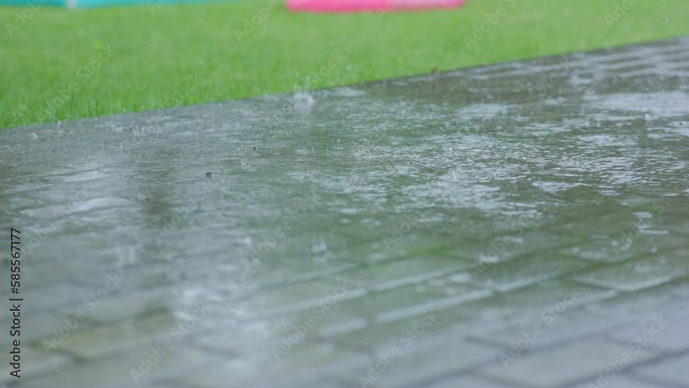 rainstorm weather summer daytime, heavy rain fall down puddles raindrops splashes on grey pavement. atmospheric mood rainy weather nature beauty. close-up view rain drops falling wet background rainstorm weather summer daytime, heavy rain fall down puddles raindrops splashes on grey pavement. atmospheric mood rainy weather nature beauty. close-up view rain drops falling wet background