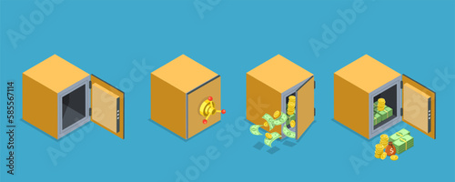 3D Isometric Flat Vector Set of Bank Vaults, Steel Lockers, Deposit Boxes