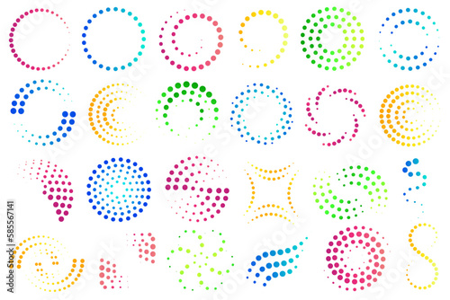 Abstract circular spotted shape. Halftone dots effect. Different colorful figures with gradient backgrounds