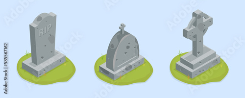 3D Isometric Flat Vector Set of Graveyard Tombstones, Old Tomb Collection