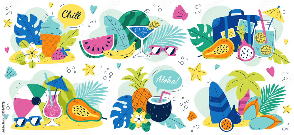 Summer compositions flat illustrations set. Vacations on beach. Fruits, tropical trees and flowers, fresh cocktails