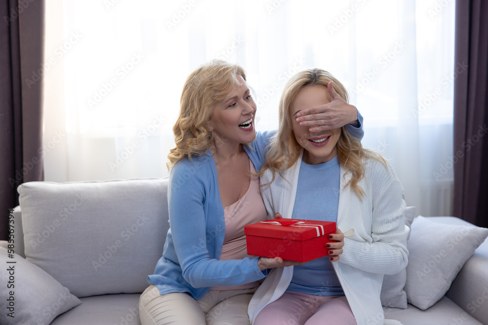 Obraz premium Loving mom presenting a gift to her adult daughter