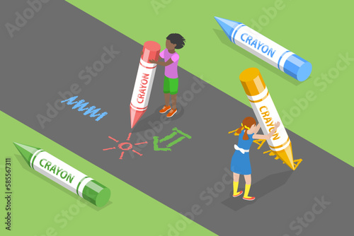 3D Isometric Flat Vector Conceptual Illustration of Crayon Drawing, Group of Happy Children are Having Fun