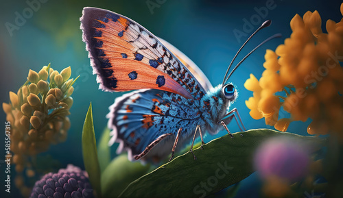 Beautiful spring background with bright blue, orange butterfly sitting on flower leaf on nature background. Delicate elegant dreamy airy artistic image harmony of nature. AI generative © virginna