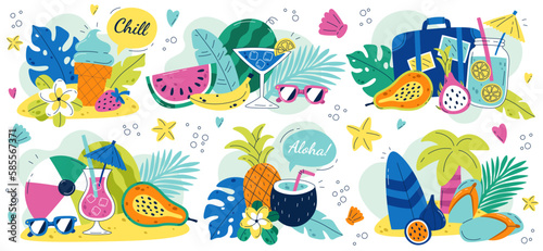 Summer compositions flat illustrations set. Vacations on beach. Fruits, tropical trees and flowers, fresh cocktails