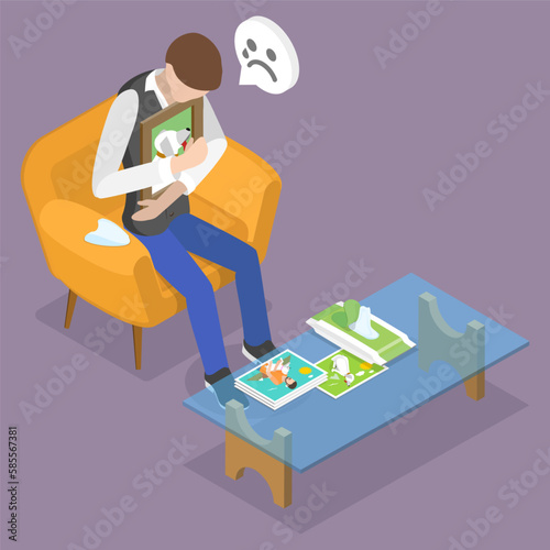 3D Isometric Flat Vector Conceptual Illustration of Pet Death, Man in Grief Over Passing Away of his Domestic Animal