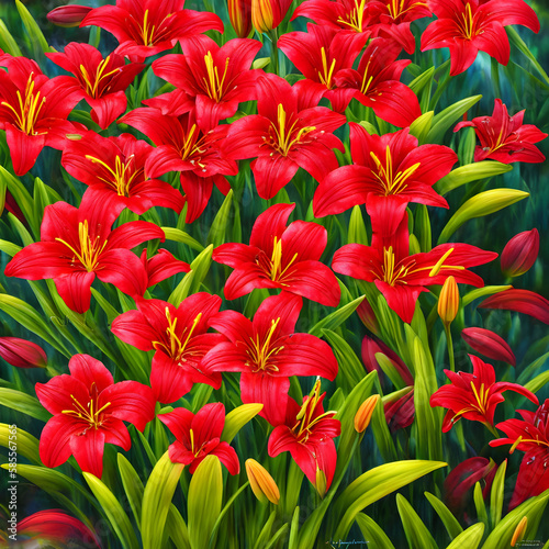 Flowerbed Of Red Lily Flowers Generative Art