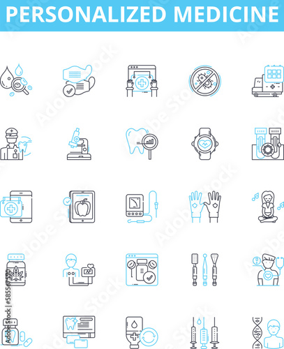 Personalized medicine vector line icons set. Personalized, Medicine, Precision, Genomic, Customized, Therapeutics, Healthcare illustration outline concept symbols and signs