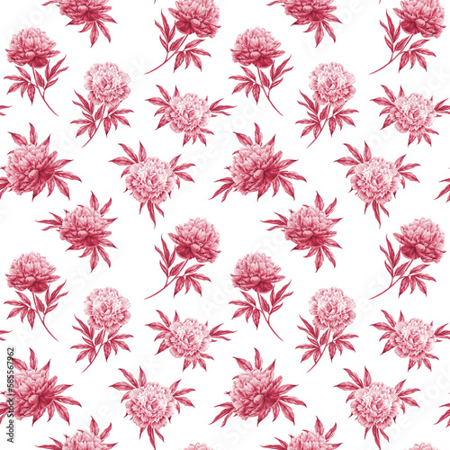 Red floral seamless pattern. Watercolor peony. © Kotkoa