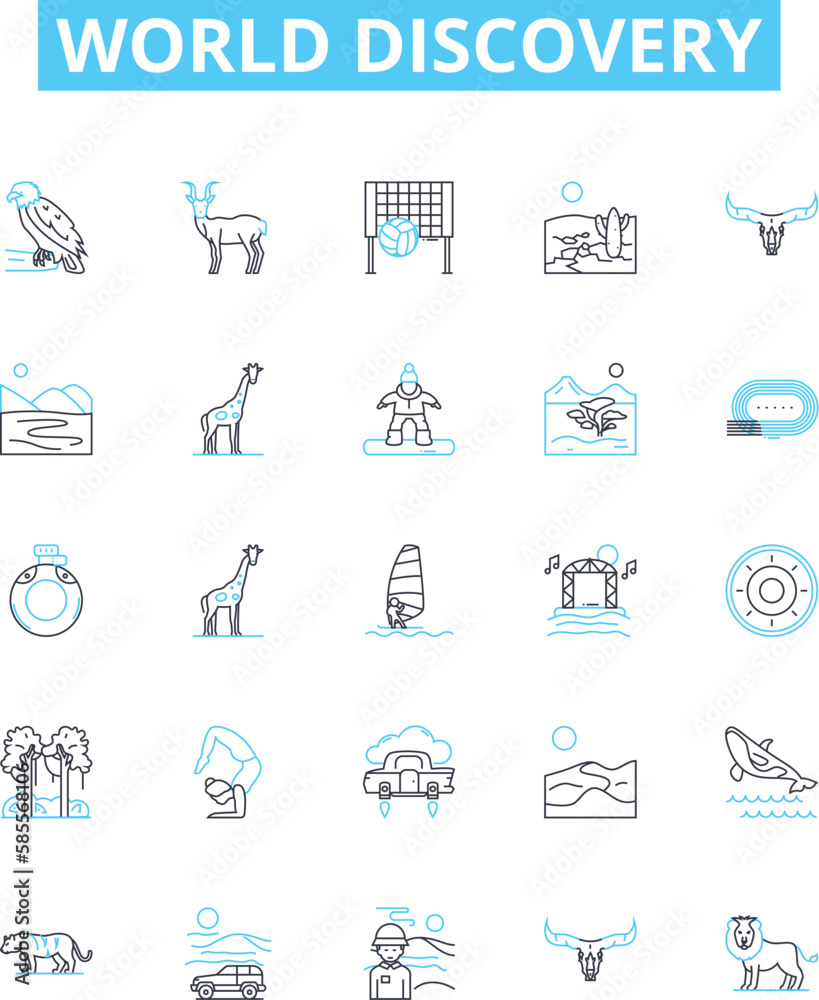 world discovery vector line icons set. Exploration, Expedition, Navigation, Identifying, Mapping, Locating, Geography illustration outline concept symbols and signs world discovery vector line icons set. Exploration, Expedition, Navigation, Identifying, Mapping, Locating, Geography illustration outline concept symbols and signs