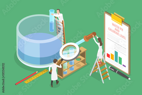 3D Isometric Flat Vector Conceptual Illustration of Testing Water PH And Chlorine Level, Pool Maintenance Service