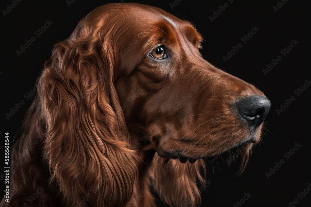 Generative AI. Portrait of an adult dog of the Irish Setter breed against dark background.