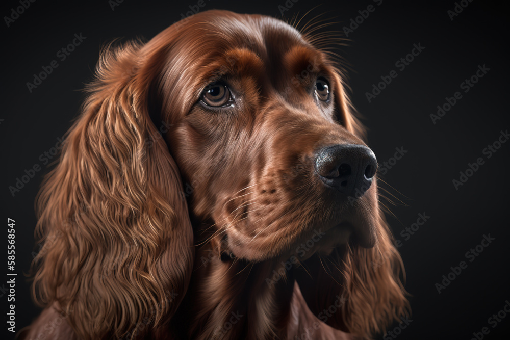 Generative AI. Portrait of an adult dog of the Irish Setter breed against dark background.