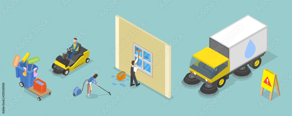 3D Isometric Flat Vector Set of Industrial Cleaning, Professional Cleaners with Equipment 3D Isometric Flat Vector Set of Industrial Cleaning, Professional Cleaners with Equipment