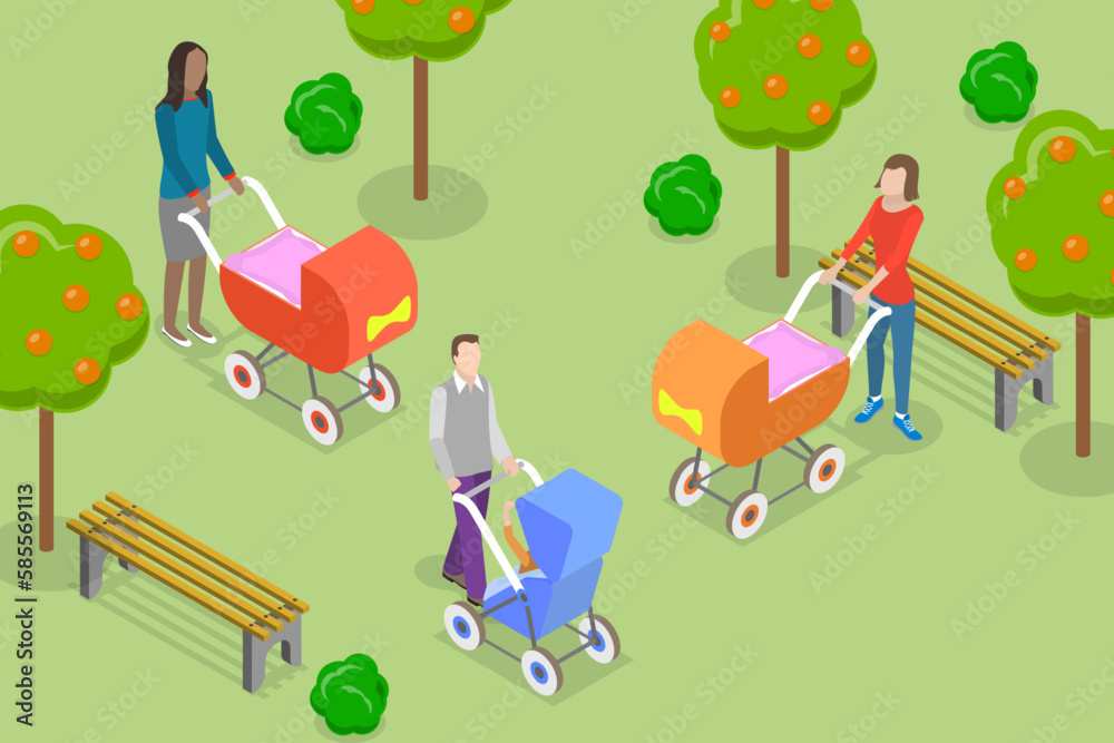 Fototapeta premium 3D Isometric Flat Vector Conceptual Illustration of Parents Walk, Leisure Time in Park