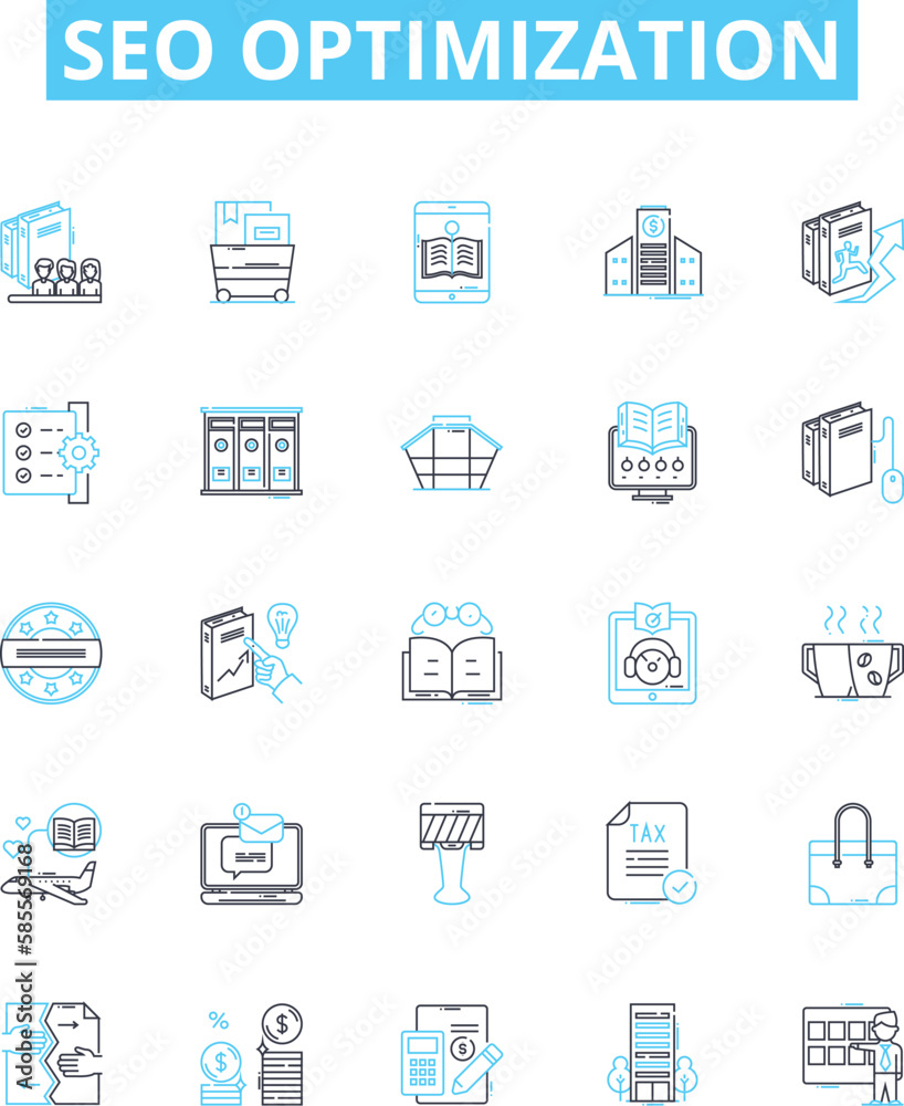 SEO optimization vector line icons set. SEO, optimization, ranking, content, visibility, backlinks, traffic illustration outline concept symbols and signs SEO optimization vector line icons set. SEO, optimization, ranking, content, visibility, backlinks, traffic illustration outline concept symbols and signs