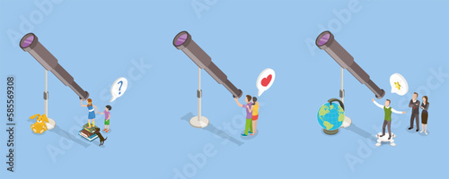 3D Isometric Flat Vector Conceptual Illustration of Telescopes Watching, Getting Into Astronomy As a Hobby
