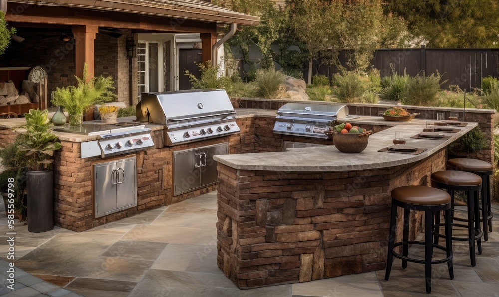 Outdoor entertainment area with built in barbecue, generative AI Outdoor entertainment area with built in barbecue, generative AI