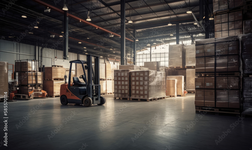 Forklift loads pallets and boxes in warehouse, generative AI Forklift loads pallets and boxes in warehouse, generative AI