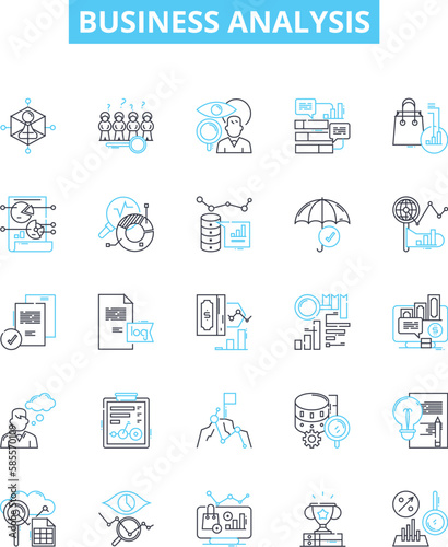 Business analysis vector line icons set. Business, Analysis, Strategy, Process, System, Risk, Market illustration outline concept symbols and signs