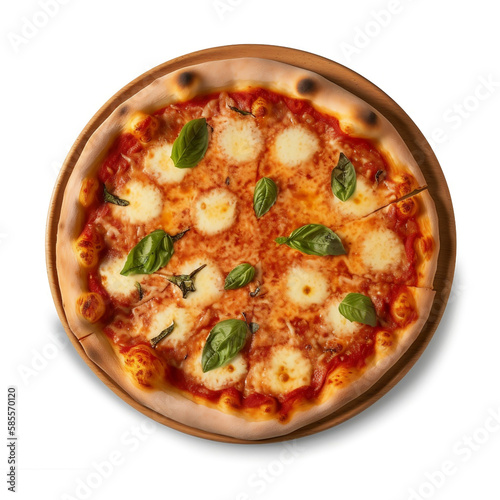  product presentation of an authentic Italian pizza, featuring a perfectly baked thin crust with a golden-brown edge, topped with a harmonious blend of rich tomato sauce, melted mozzarella cheese