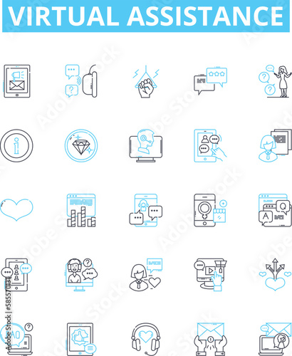 Virtual assistance vector line icons set. Virtual, Assistance, AI, Chatbot, Automation, Helper, Robot illustration outline concept symbols and signs