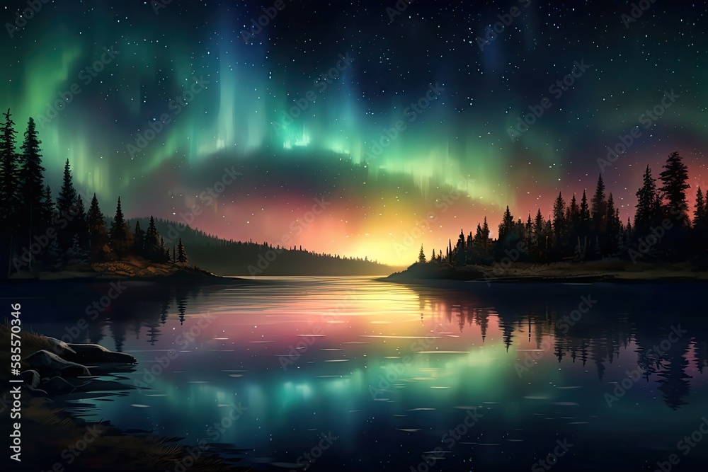 An aurora bore in the night sky over a lake