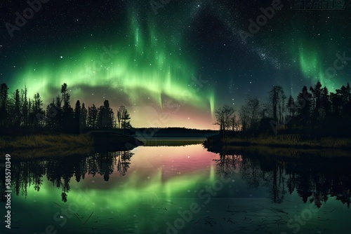 An aurora bore in the night sky over a lake © Hui