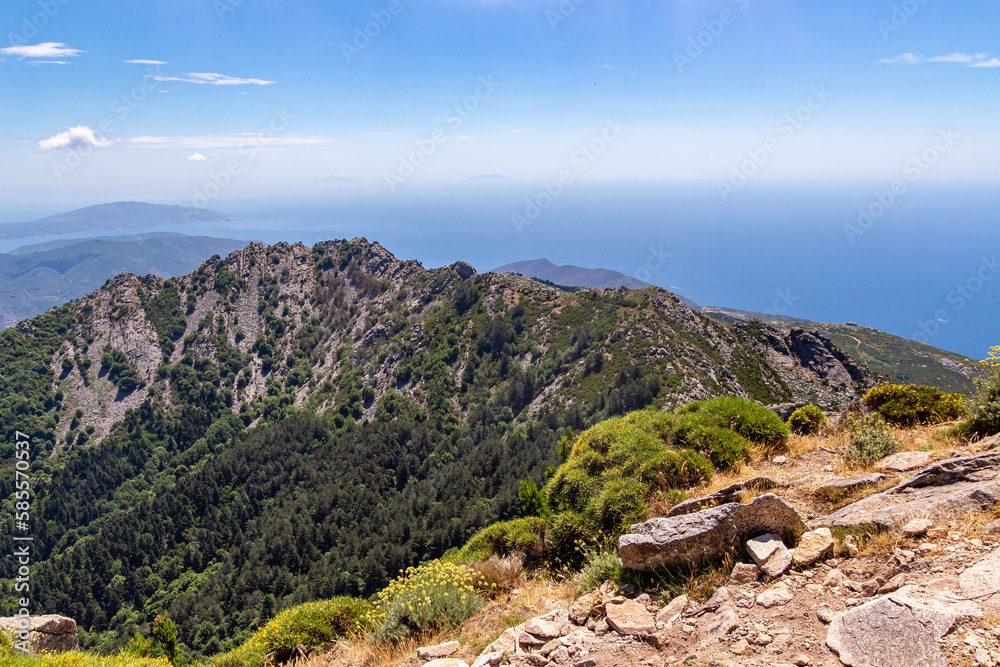 View from summit station of Monte Capanne cable car over peninsula and gulf of capo stella Elba View from summit station of Monte Capanne cable car over peninsula and gulf of capo stella Elba
