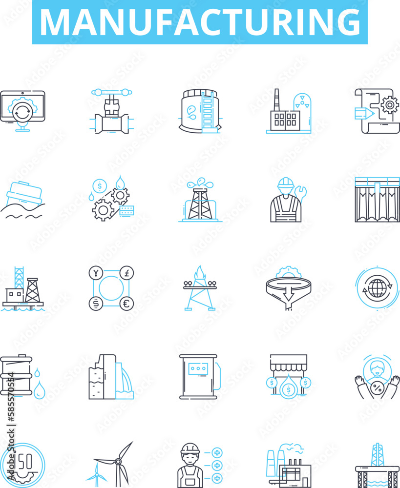 Manufacturing vector line icons set. Manufacturing, Production, Fabrication, Assembly, Processing, Assembling, Constructing illustration outline concept symbols and signs