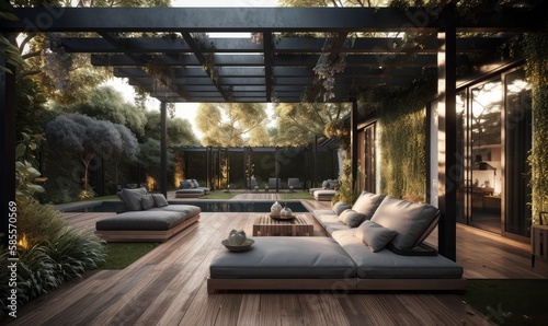 Wooden terrace with sofas and sun loungers by the pool, generative AI