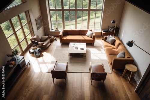 Top down perspective look down on a modern country house wooden living room furnished with a sofa, armchair, coffee table, carpet, and wooden floors. High quality generative ai
