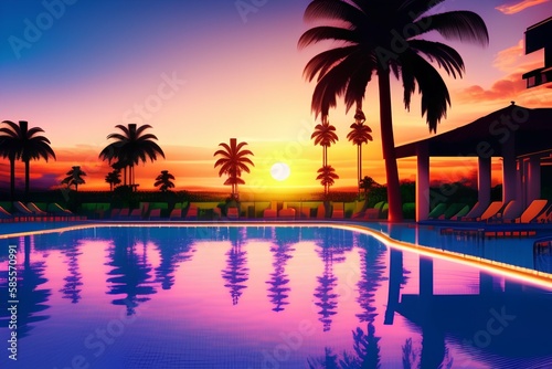 Outdoors sunset, hotel pool , tropical landscape. palm trees - generative ai 