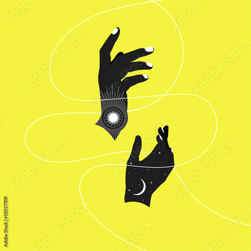 Mystical celestial women's hands with texture of star space and hope. Spiritual mystical concept for a poster or t-shirt. Esoteric Magic. Vector illustration.