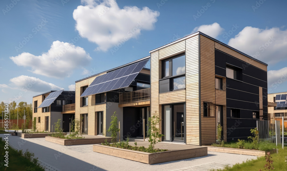 Houses with solar panels on the roof, generative AI Houses with solar panels on the roof, generative AI