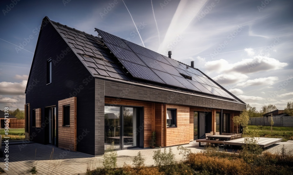 Houses with solar panels on the roof, generative AI Houses with solar panels on the roof, generative AI