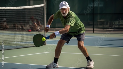 Older gentleman playing pickleball (generative ai) photo