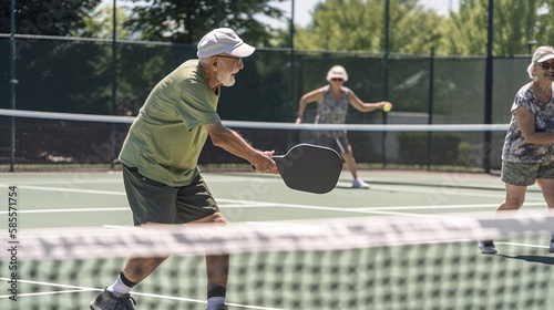 Older couple, man, woman playing pickleball (generative ai)