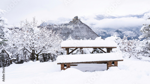 Image of the Ancient/ Abbey of San Michele built on Mount Pirchiriano located at the entrance of the Susa Valley, around the years between 983 and 987 A.D. with an abundant snowfall