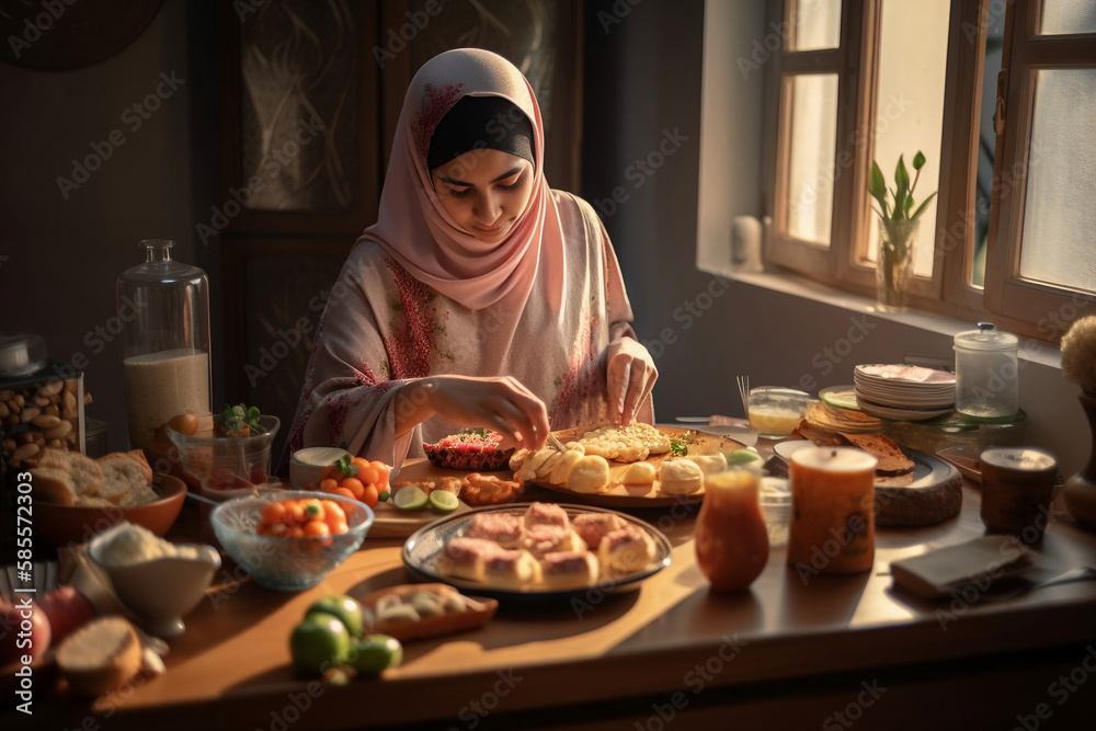 a woman preparing ramadan iftar meal, generative ai