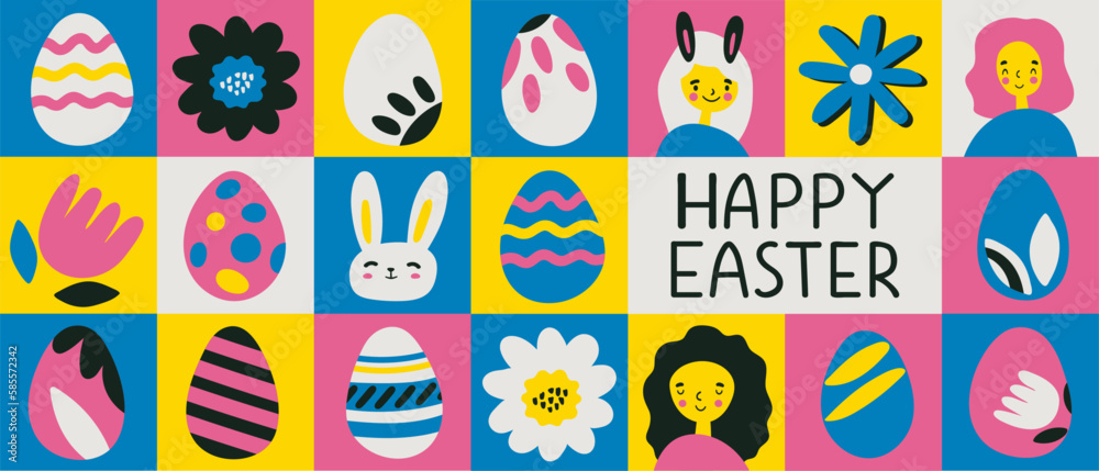 Happy Easter concept  Graphics template. Trendy  colorful Easter pattern design with typography, hand-painted element, eggs and bunny. Modern minimalist style.