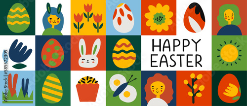 Happy Easter concept Graphics template. Trendy colorful Easter pattern design with typography, hand-painted element, eggs and bunny. Modern minimalist style. 