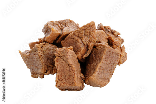 Pieces of cooked beef meat are isolated on a white background. 