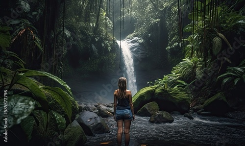 Woman in front of a waterfall in a tropical forest, generative AI