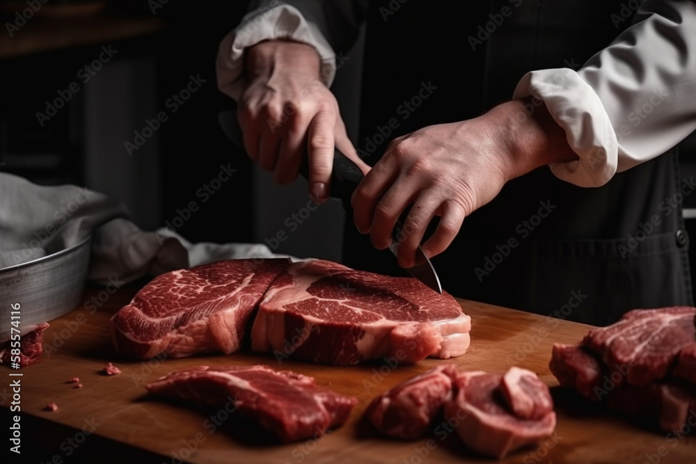 Butcher holding knife and cutting meat Generative AI