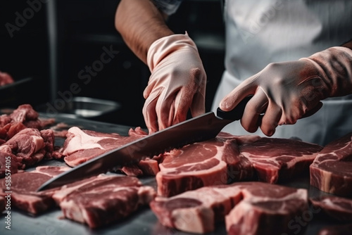 Butcher holding knife and cutting meat  Generative AI