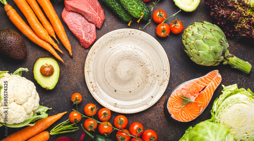 Assorted food raw products vegetables, beef meat, fish salmon and